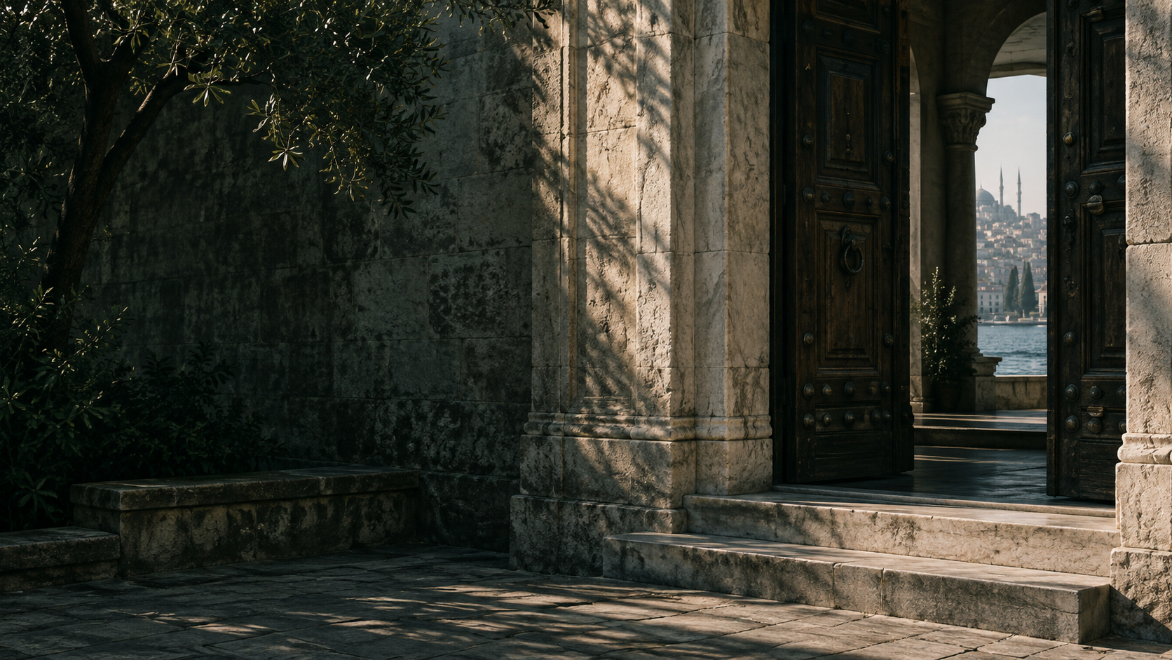 Stone threshold and timber doorway in quiet morning light